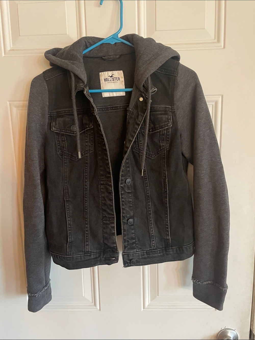 Hollister Black Denim Jacket with Dark Gray Hoodie Sleeves